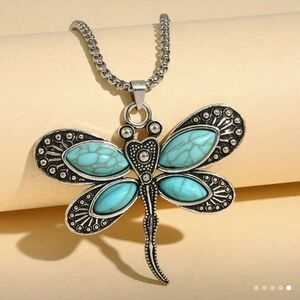 Turquoise Dragonfly Pendant Necklace. Silver Colir. Stainless Steel. Hupoallerge